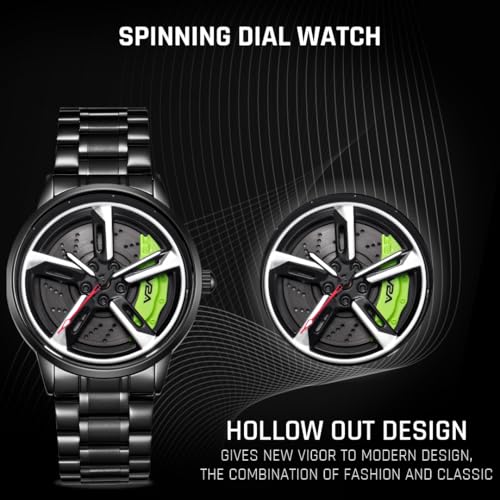 V2A Vortex Men's Car Spinning Wheels Watch for Men– Round Alloy Case with Stainless Steel Band | Analog Timepiece | Bold Sports Watch for Car Enthusiasts (Black-Green) - Image 3