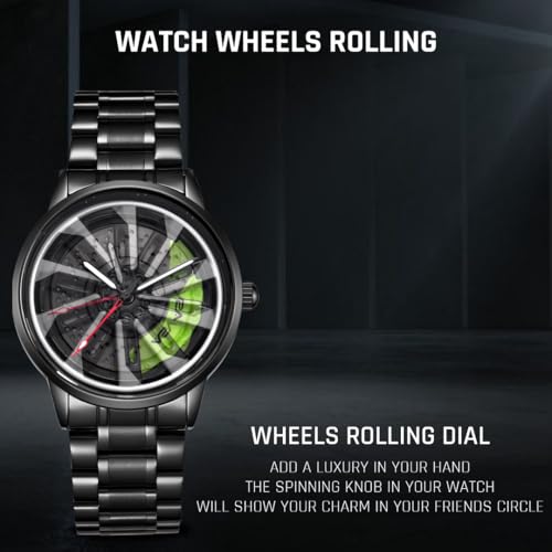 V2A Vortex Men's Car Spinning Wheels Watch for Men– Round Alloy Case with Stainless Steel Band | Analog Timepiece | Bold Sports Watch for Car Enthusiasts (Black-Green) - Image 4