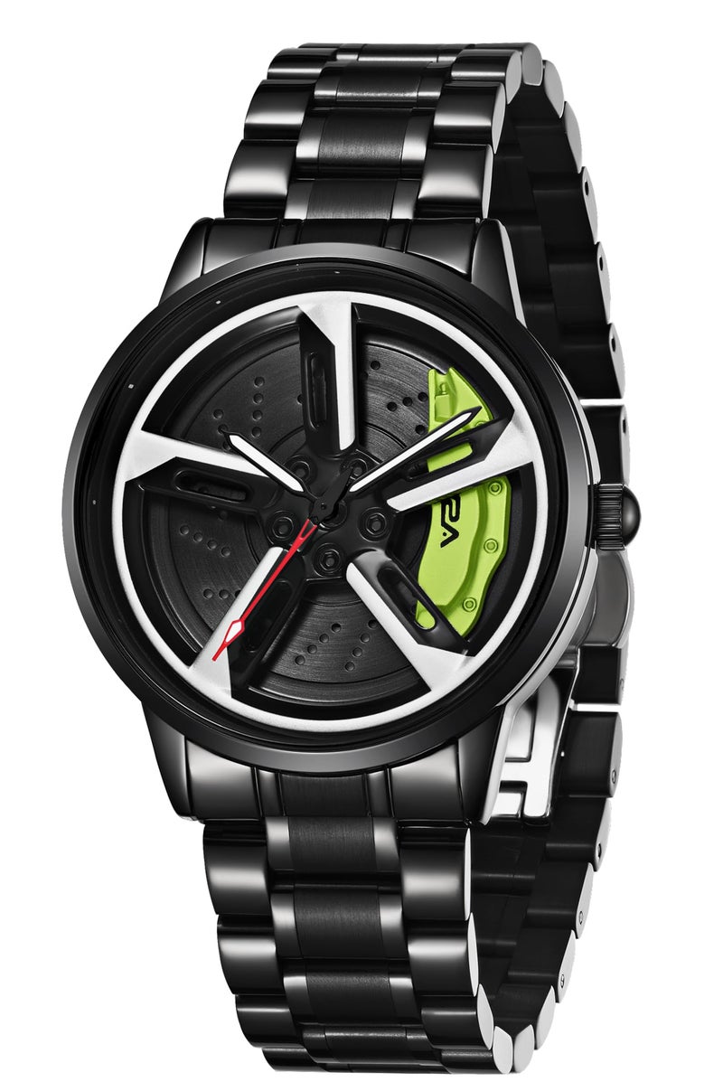 V2A Vortex Men's Car Spinning Wheels Watch for Men– Round Alloy Case with Stainless Steel Band | Analog Timepiece | Bold Sports Watch for Car Enthusiasts (Black-Green) - Image 1