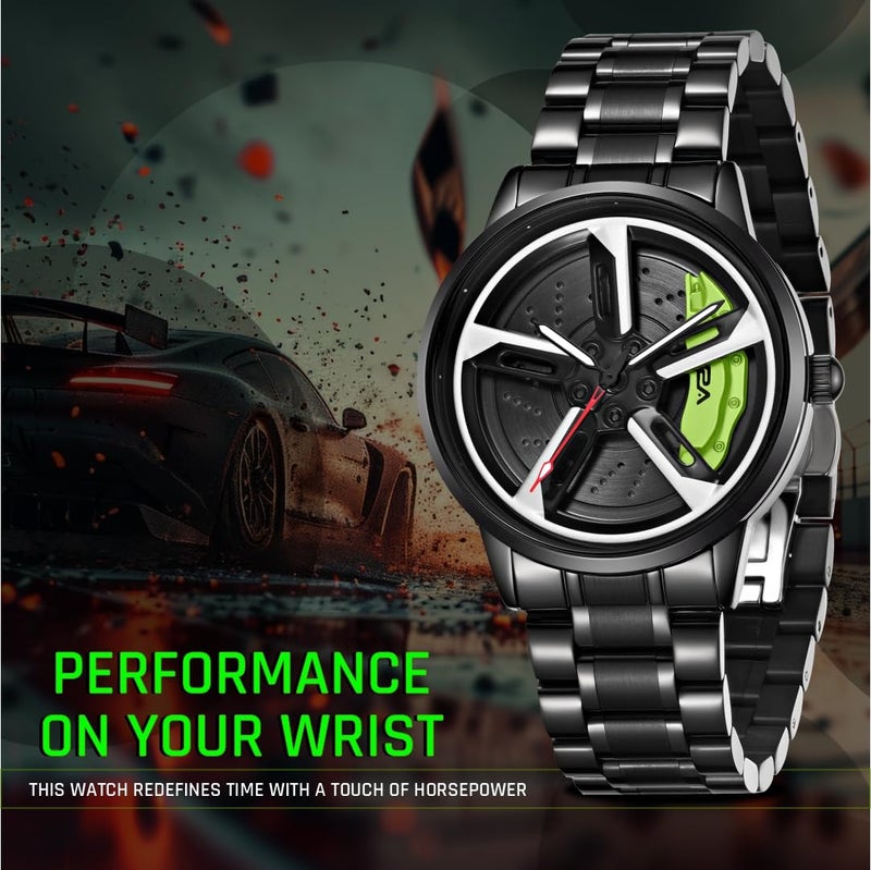 V2A Vortex Men's Car Spinning Wheels Watch for Men– Round Alloy Case with Stainless Steel Band | Analog Timepiece | Bold Sports Watch for Car Enthusiasts (Black-Green) - Image 5