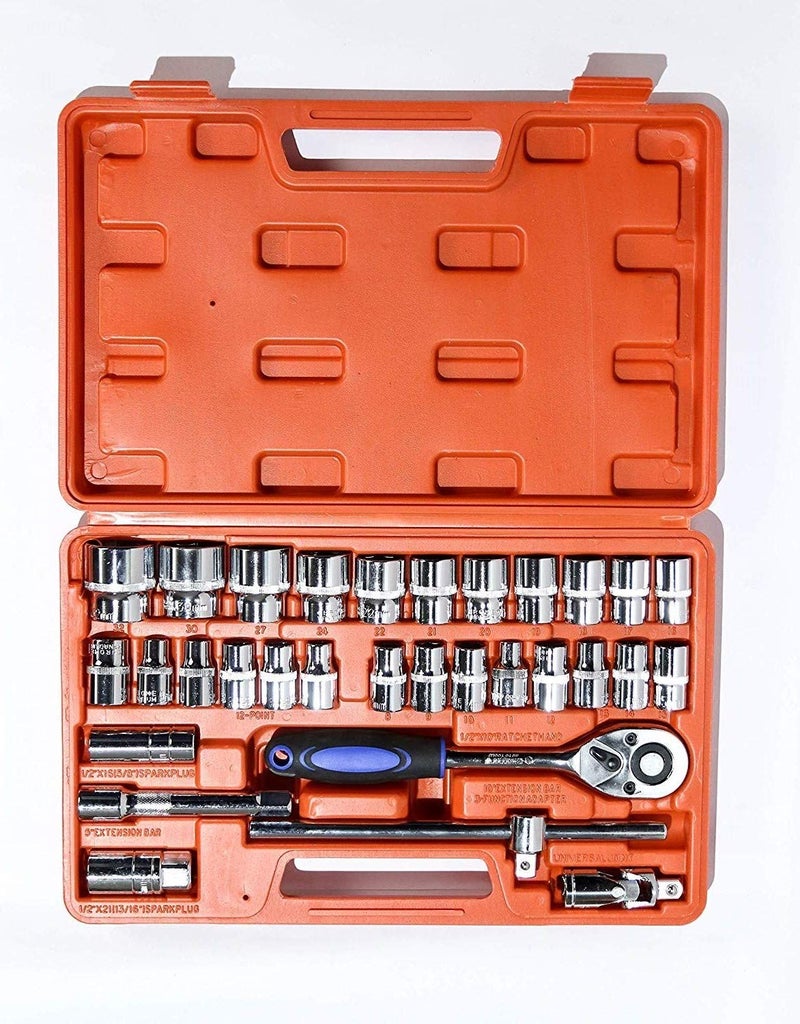 A. SHARIF A SHARIF 32Pcs Heavy 12 inch Combinational Ratchet Socket Wrench Spannar Tool Goti Set with Carry Box for AutomobilesBikeCar Repair Tool Kit Socket Set - Image 1