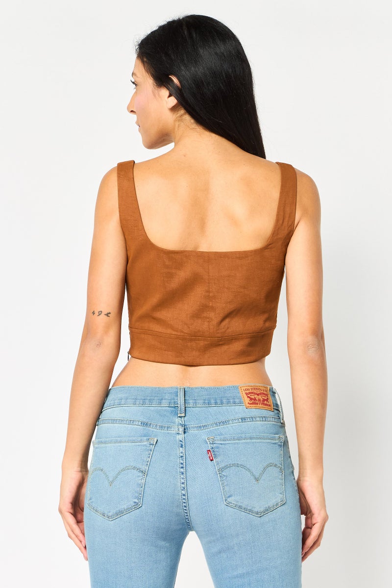 PINKO Women Sweatheart Neckline Sleeveless Solid Crop Top, Brown - Image 4