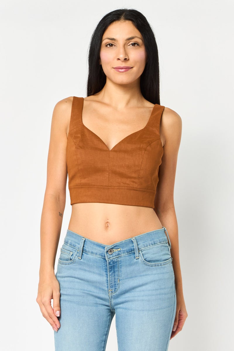 PINKO Women Sweatheart Neckline Sleeveless Solid Crop Top, Brown - Image 1