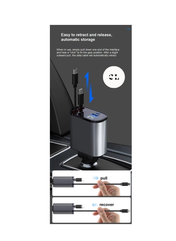 120W Car Charger with Digital Display: Fast USB Type-C Charging Station with 4 Ports for iPhone & Android - High Speed Vehicle Phone Charger