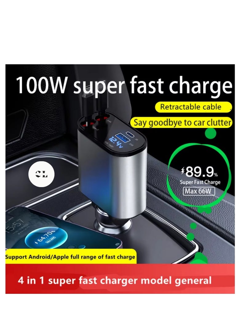 120W Car Charger with Digital Display: Fast USB Type-C Charging Station with 4 Ports for iPhone & Android - High Speed Vehicle Phone Charger