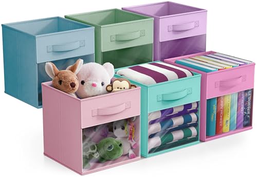 Sorbus 11 Inch Storage Bins with Clear Window 6 Foldable Baskets for Organizing Clothes Toys Books Sturdy Collapsible Fabric Storage Cubes with Handle Storage Baskets for Shelves Closets - Image 1