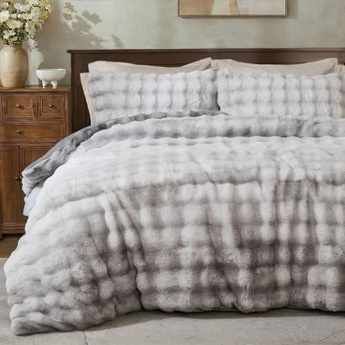 Bedbay Fluffy Faux Rabbit Fur Bubble Comforter Set Queen Size Tie Dyed Grey Plush Fuzzy Bedding Set Ultra Soft 3 Pieces Warm Shaggy Faux Fur Thick Fluffy Comforter Bedding Set for All Seasons - Image 3