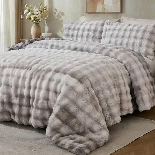 Bedbay Fluffy Faux Rabbit Fur Bubble Comforter Set Queen Size Tie Dyed Grey Plush Fuzzy Bedding Set Ultra Soft 3 Pieces Warm Shaggy Faux Fur Thick Fluffy Comforter Bedding Set for All Seasons - Image 2