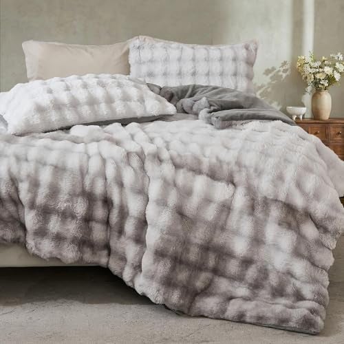 Bedbay Fluffy Faux Rabbit Fur Bubble Comforter Set Queen Size Tie Dyed Grey Plush Fuzzy Bedding Set Ultra Soft 3 Pieces Warm Shaggy Faux Fur Thick Fluffy Comforter Bedding Set for All Seasons - Image 1
