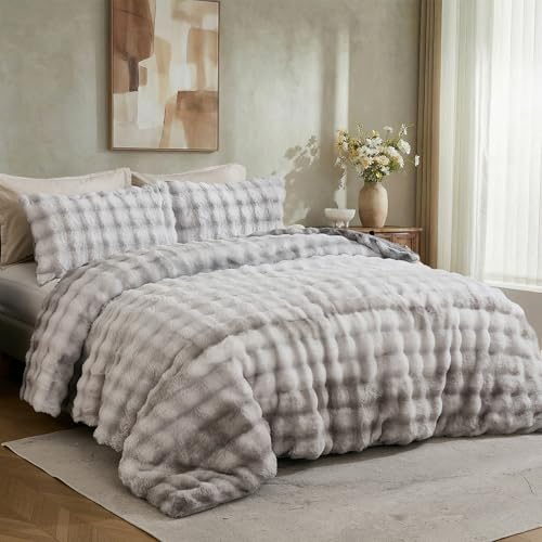 Bedbay Fluffy Faux Rabbit Fur Bubble Comforter Set Queen Size Tie Dyed Grey Plush Fuzzy Bedding Set Ultra Soft 3 Pieces Warm Shaggy Faux Fur Thick Fluffy Comforter Bedding Set for All Seasons - Image 4