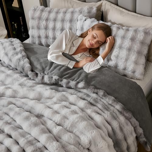 Bedbay Fluffy Faux Rabbit Fur Bubble Comforter Set Queen Size Tie Dyed Grey Plush Fuzzy Bedding Set Ultra Soft 3 Pieces Warm Shaggy Faux Fur Thick Fluffy Comforter Bedding Set for All Seasons - Image 5