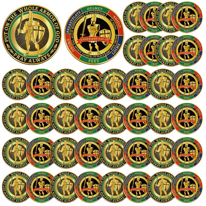 Nosiny 40 Pcs Put on The Whole Armor of God Coins Bulk Christian Challenge Coins Metal Commemorative Prayer Gifts for Men Collectors Religious Church Party Military SouvenirVivid