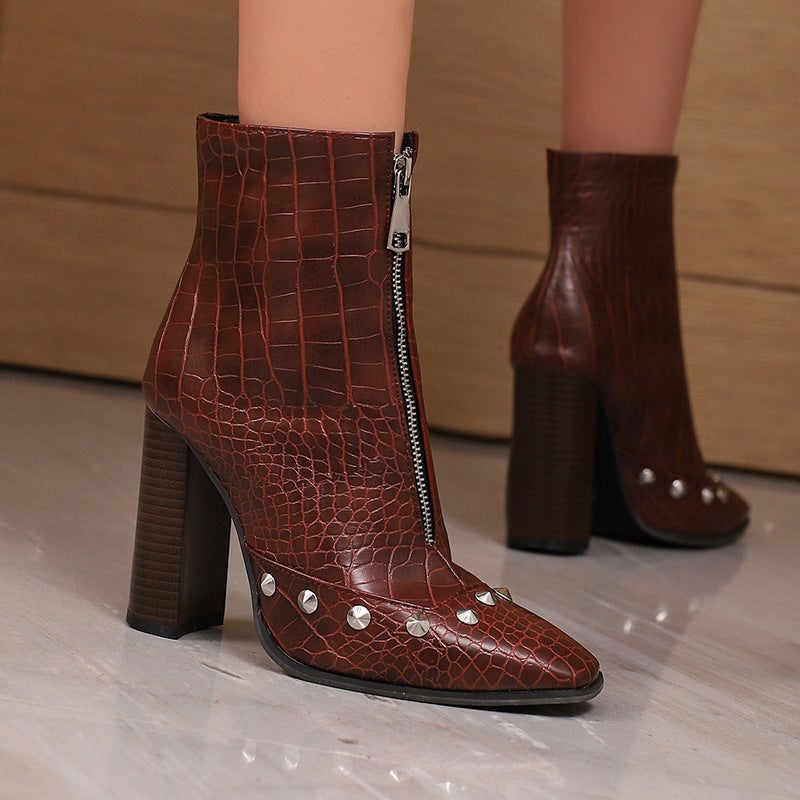 Independent Station Fashion Super High Heel Rivet 40-50 Plus Size Stone Pattern Low Tube Women'S Boots - Image 5