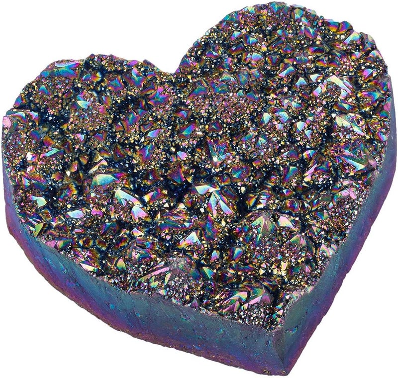 mookaitedecor Titanium Coated Natural Rock Quartz Heart-Shape Crystal Cluster Geode Mineral Specimen Stone for Reiki Healing Home Decoration(Rainbow, 0.22-0.35 lb)
