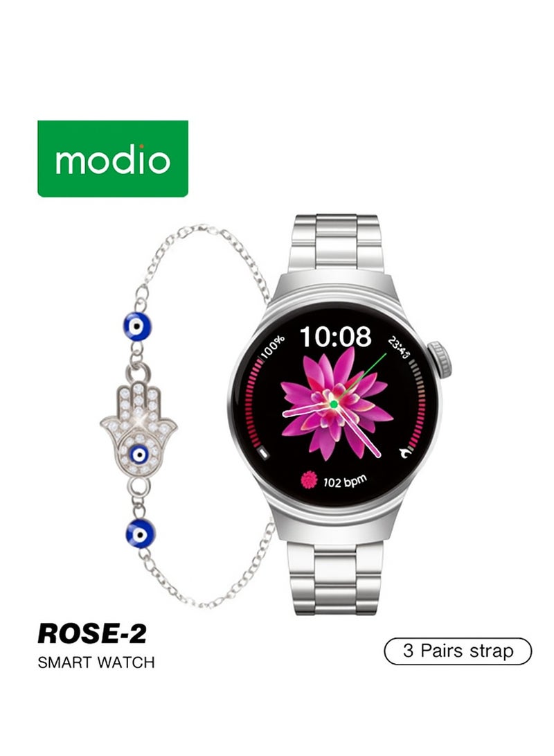 MODIO Rose 2 Women's Smartwatch - Silver Design with 3 Interchangeable Bands, HD Color Touchscreen, Supports Health & Fitness Monitoring (Heart Rate, Sleep, Steps, Calories), Compatible with iOS & Android, Wireless Charging & Smart NotificationsZ - Image 1