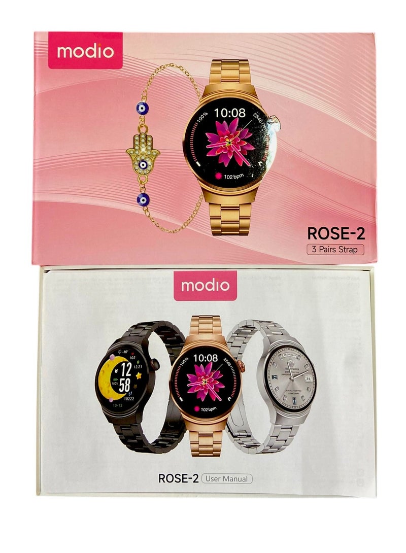 MODIO Rose 2 Women's Smartwatch - Silver Design with 3 Interchangeable Bands, HD Color Touchscreen, Supports Health & Fitness Monitoring (Heart Rate, Sleep, Steps, Calories), Compatible with iOS & Android, Wireless Charging & Smart NotificationsZ - Image 3