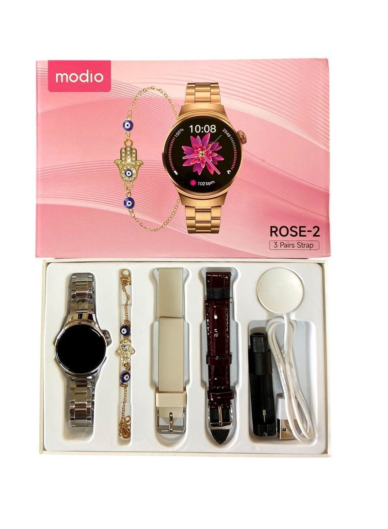 موديو ساعة  MODIO Rose 2  الذكية النسائية – تصميم فاخر باللون الفضي مع 3 أساور قابلة للتبديل، شاشة لمس ملونة عالية الدقة، تدعم مراقبة الصحة واللياقة (معدل ضربات القلب، النوم، الخطوات، السعرات)، متوافقة مع iOS وAndroid، شحن لاسلكي وإشعارات ذكي - Image 2