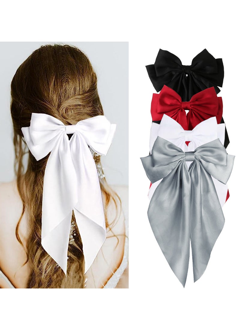 FASHION HOME 4PCS Large Hair Bows Big Silky Satin Ribbon Clips Oversized Long Tail Barrettes for Woman Hair Accessories  - Image 1