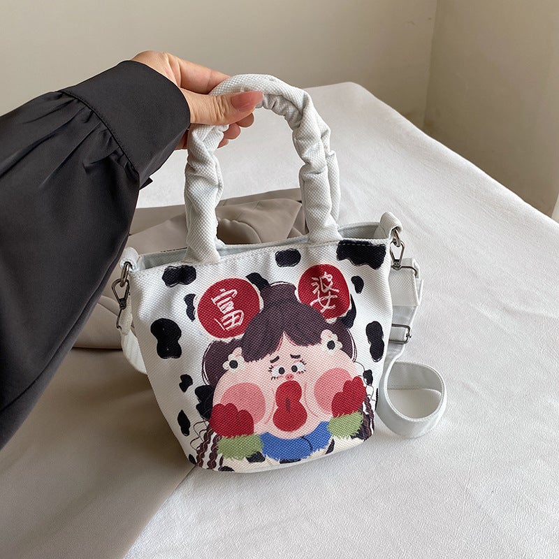 Funny Illustration Canvas Bag Women'S Graffiti Hand Bucket Bag Cute Cartoon Casual Shoulder Koi Bag Crossbody Bag - Image 3