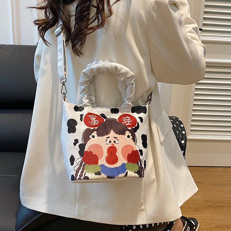 Funny Illustration Canvas Bag Women'S Graffiti Hand Bucket Bag Cute Cartoon Casual Shoulder Koi Bag Crossbody Bag - Image 5
