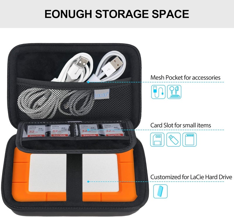 Lacdo Hard Drive Carrying Case for LaCie Rugged Mini/Rugged Thunderbolt USB 3.0 2.0 USB-C External Hard Drive Portable HDD 1TB 2TB 4TB 5TB EVA Shockproof Protective Storage Holder Travel Bag, Black - Image 2