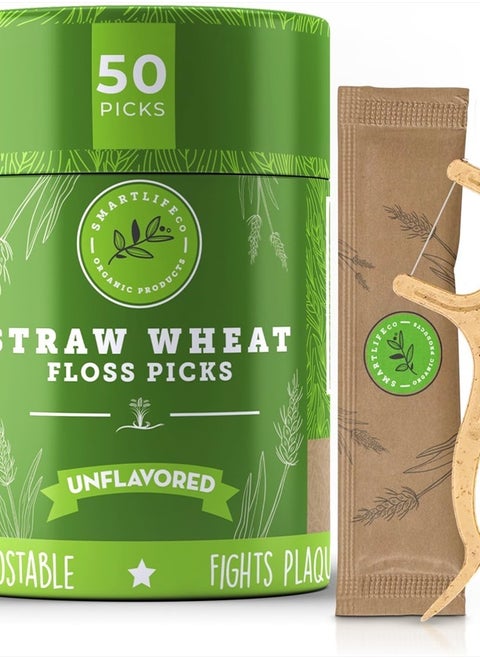 Individually Wrapped Dental Floss Picks - Biodegradable Plastic Free Flosser Handle & Packaging | Natural Toothpick Stick Soft On Gums & Teeth | Eco Friendly, Zero Waste, Organic | Unflavored, 50x