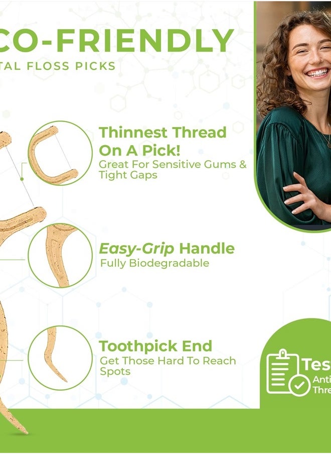SMARTLIFECO - Individually Wrapped Dental Floss Picks - Biodegradable Plastic Free Flosser Handle & Packaging | Natural Toothpick Stick Soft On Gums & Teeth | Eco Friendly, Zero Waste, Organic | Unflavored, 50x - Image 1