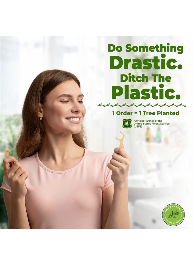 SMARTLIFECO - Individually Wrapped Dental Floss Picks - Biodegradable Plastic Free Flosser Handle & Packaging | Natural Toothpick Stick Soft On Gums & Teeth | Eco Friendly, Zero Waste, Organic | Unflavored, 50x - Image 1