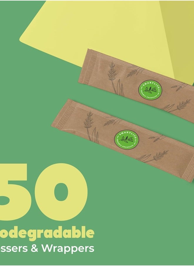 SMARTLIFECO - Individually Wrapped Dental Floss Picks - Biodegradable Plastic Free Flosser Handle & Packaging | Natural Toothpick Stick Soft On Gums & Teeth | Eco Friendly, Zero Waste, Organic | Unflavored, 50x - Image 1