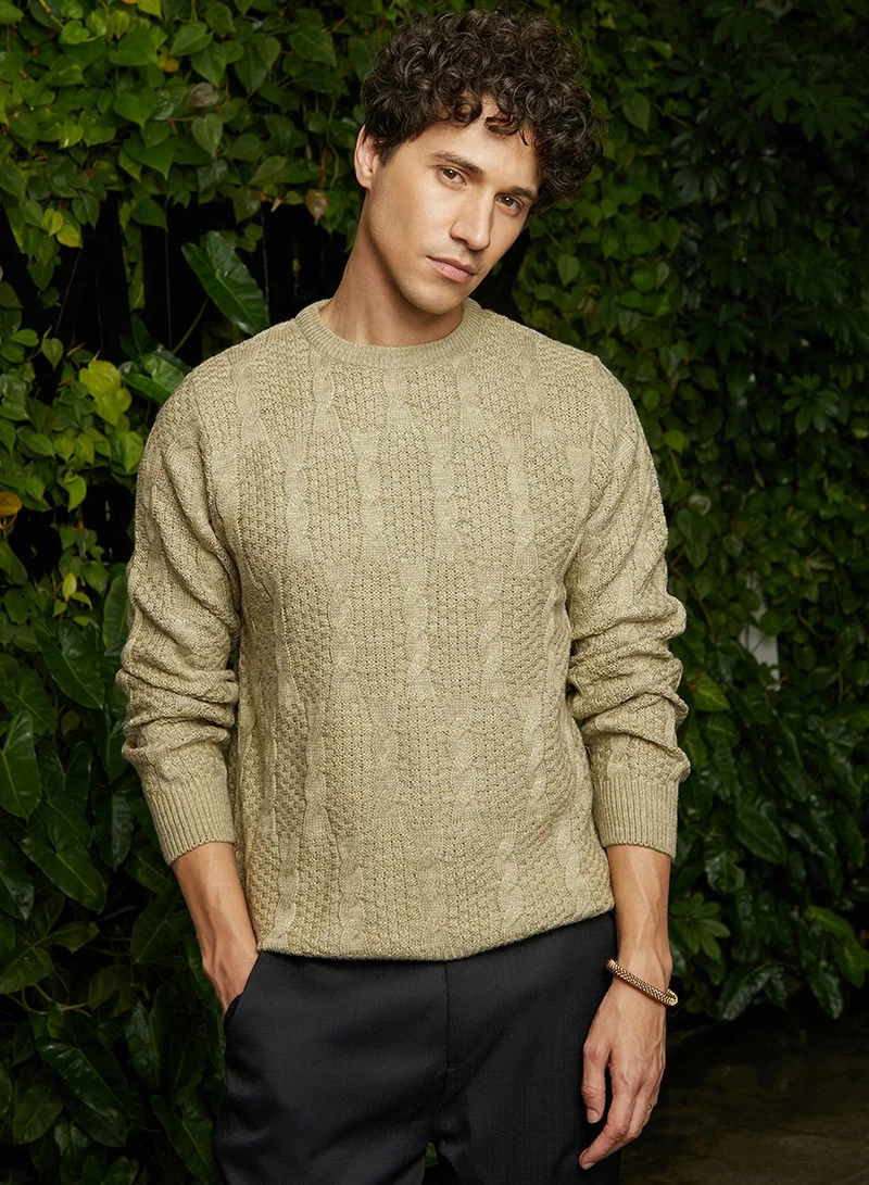 كامبوس سوترا كنزة رجالية محبوكة بنقش حبل بيج رملي