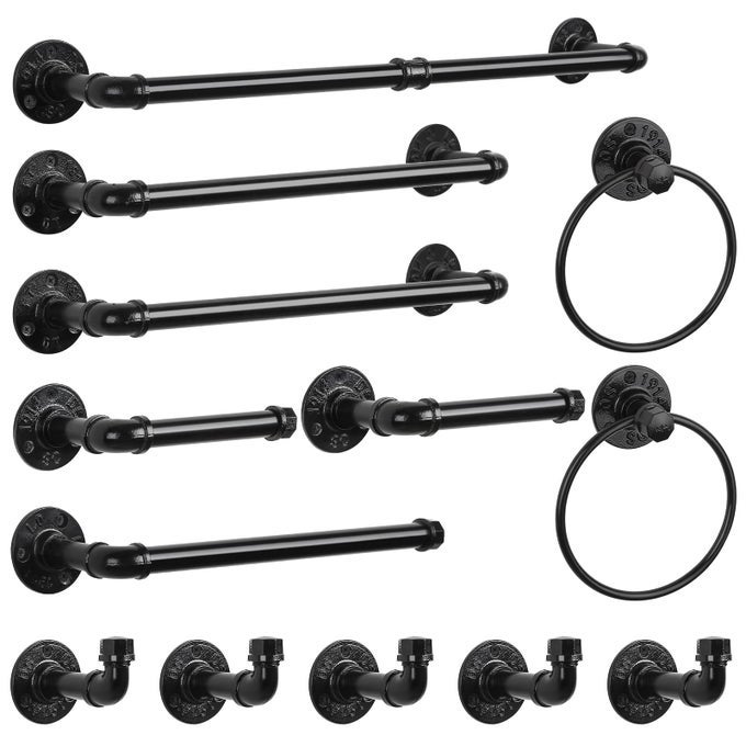 13PIECES TOWEL BAR SET BLACK BATHROOM HARDWARE SET INDUSTRIAL PIPE BATH TOWEL RACK ACCESSORIES KIT WALL HAND TOWEL BAR TOILET PAPER HOLDER TOWEL RING ROBE TOWEL HOOKS KITCHEN TISSUE PAPER HANGER