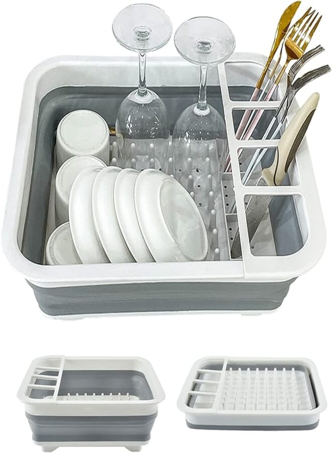 Vaupan Collapsible Dish Drying Rack, Foldable Dish Rack Dish Drainer, Portable Dinnerware Organizer, Space Saving Kitchen Storage Tray for Home Outdoor Camping(Grey)
