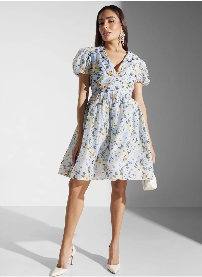 True Decadence Floral Print Puff Sleeve Dress