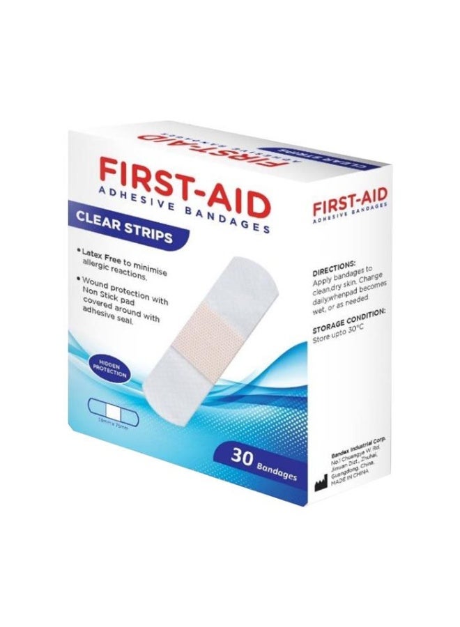 Clear Strip Bandages (1.9 x 7.6 cm) | Latex Free, Absorbent Non-Stick Pad, Sterile Adhesive Bandages for Cuts & Wounds, 30 Bandages