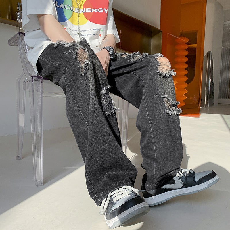 Trendy High Street Style Mens Jeans Loose Fit Ripped Bell Bottoms Sensible Niche Straight Leg Pants Casual Scene Black  - Image 1