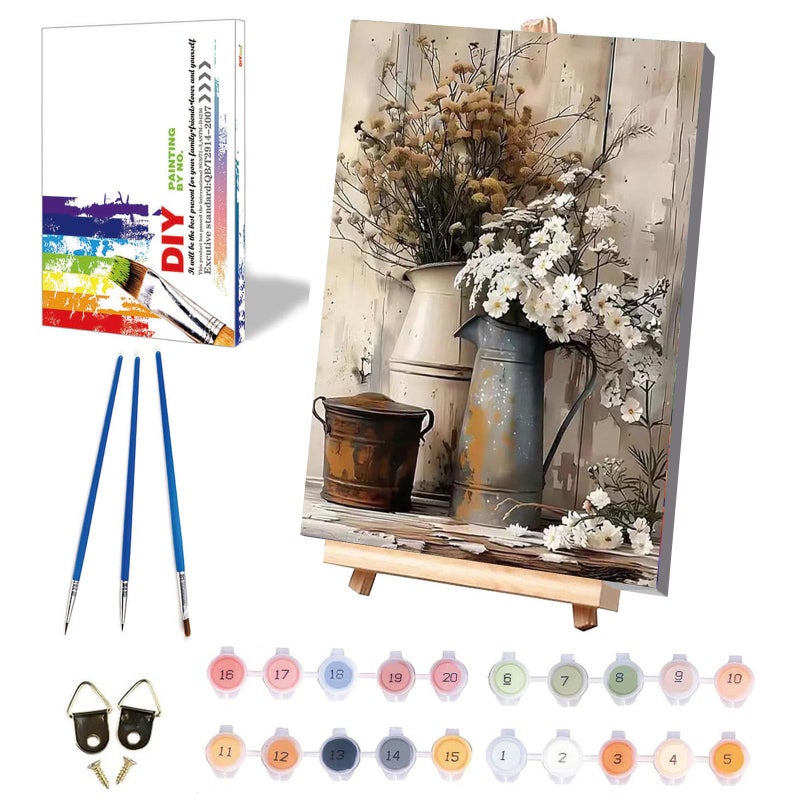 xackcme Vintage Flower Paint by Numbers for Adults with Framed Canvas - with Wooden Easel, Rustic Flowers Paint by Number on Canvas, DIY Acrylic Oil Painting Kits with Brushes for Home Wall Decor (8x12 inch) - Image 1
