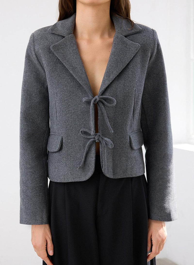 trendyol Anthracite Tie Detail Short Cashmere Woven Wool Blazer Jacket Twoaw26Bc00017 - Image 3