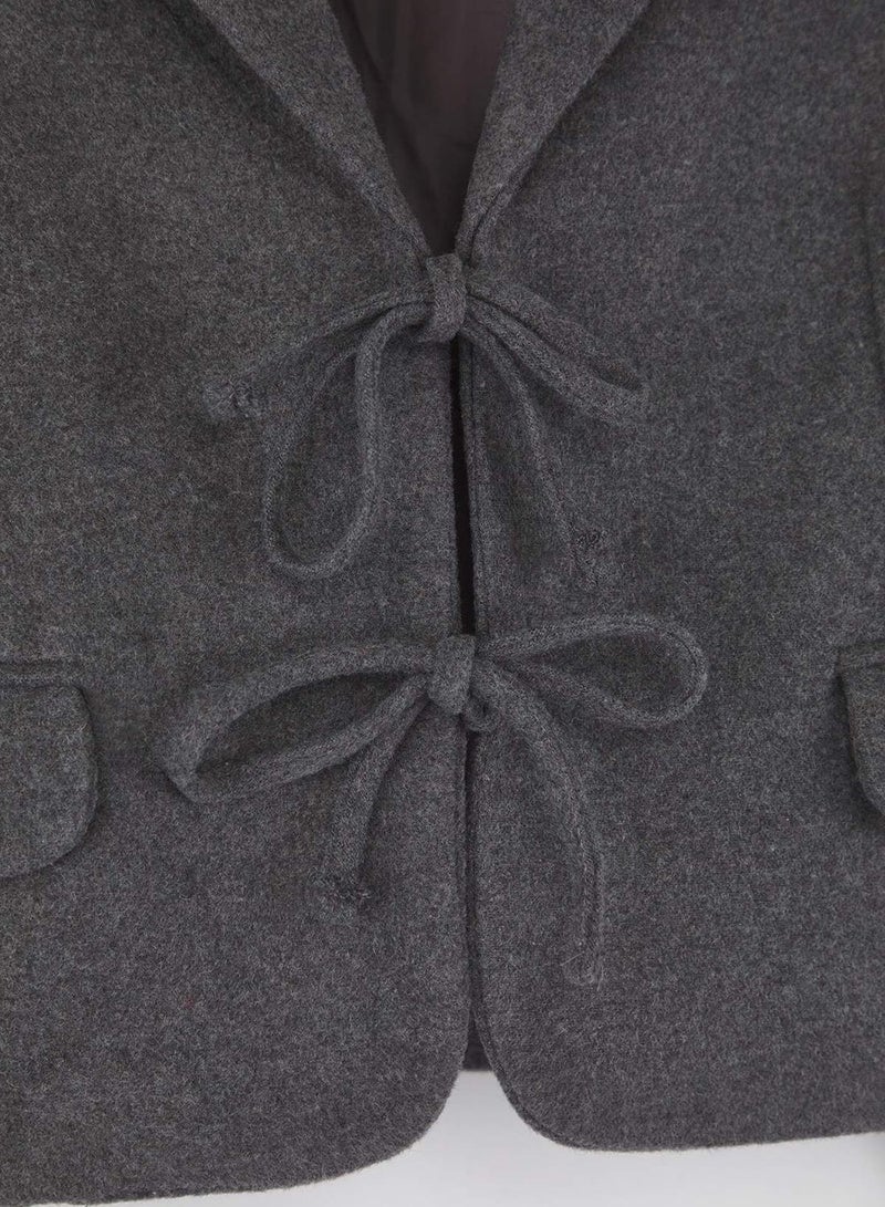trendyol Anthracite Tie Detail Short Cashmere Woven Wool Blazer Jacket Twoaw26Bc00017 - Image 4