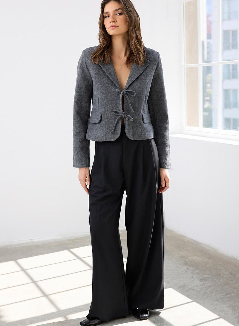 trendyol Anthracite Tie Detail Short Cashmere Woven Wool Blazer Jacket Twoaw26Bc00017 - Image 2