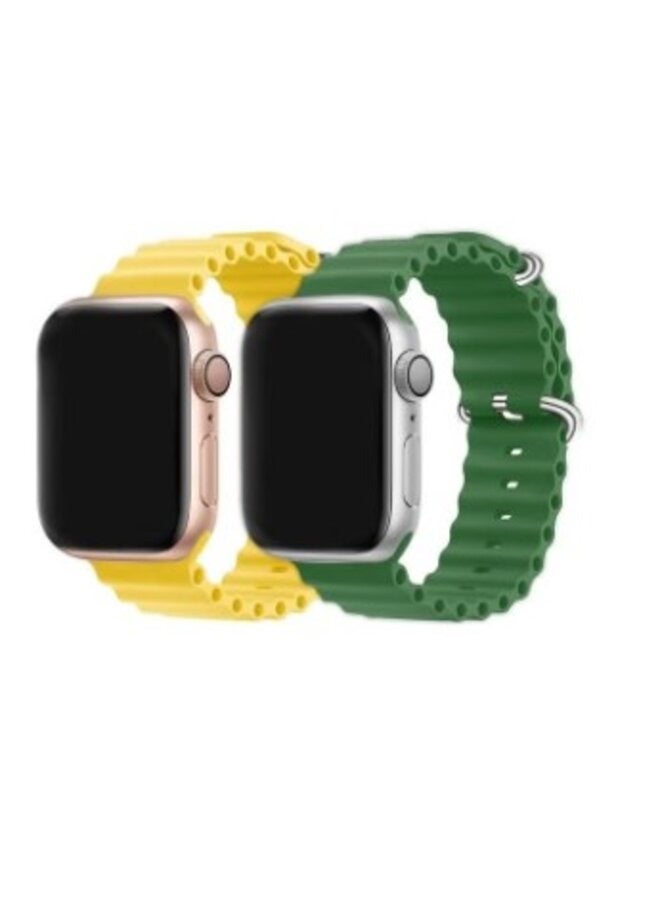 2Pack for Apple Watch Ocean Band 49mm 45mm 44mm 42mm Soft Silicone Loop Strap for iWatch Series Ultra/8/7/SE/6/5/4/3/2/1 Yellow/Green