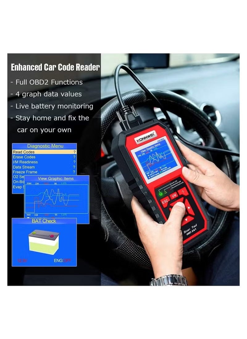 Konnwei - ماسح ضوئي KW850 obdii - قارئ رمز تلقائي احترافي لتشخيص ضوء محرك الفحص في سيارات obdii، أداة تشخيص ماسح ضوئي عالمي لرموز السيارات - Image 1