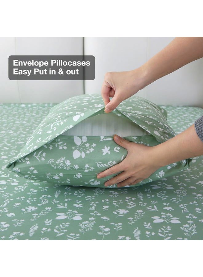Viviland Floral King Sheet Set 4 Pieces Green and White Flower Bed Sheet Soft Breathable Brushed Microfiber Bedding Sheets & Pillowcases Wrinkle Free Fitted Sheets with 15" Deep Pocket for King Size - Image 5
