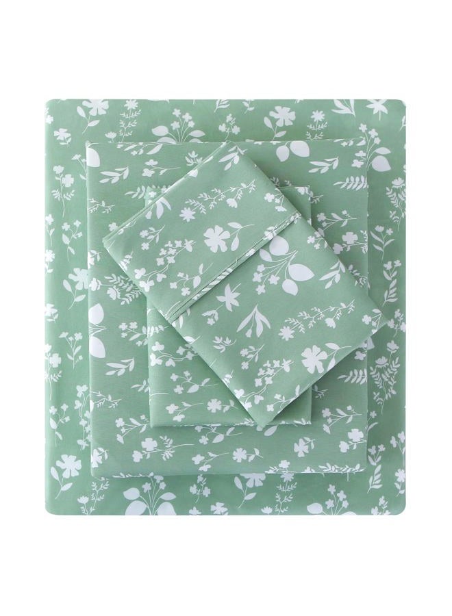 Viviland Floral King Sheet Set 4 Pieces Green and White Flower Bed Sheet Soft Breathable Brushed Microfiber Bedding Sheets & Pillowcases Wrinkle Free Fitted Sheets with 15" Deep Pocket for King Size - Image 1