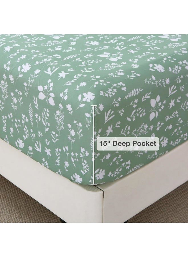 Viviland Floral King Sheet Set 4 Pieces Green and White Flower Bed Sheet Soft Breathable Brushed Microfiber Bedding Sheets & Pillowcases Wrinkle Free Fitted Sheets with 15" Deep Pocket for King Size - Image 3
