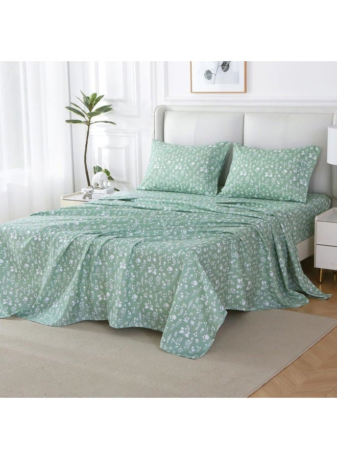 Viviland Floral King Sheet Set 4 Pieces Green and White Flower Bed Sheet Soft Breathable Brushed Microfiber Bedding Sheets & Pillowcases Wrinkle Free Fitted Sheets with 15" Deep Pocket for King Size - Image 2