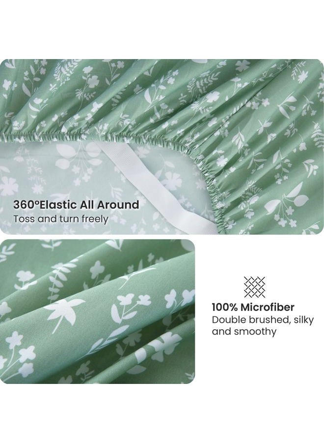 Viviland Floral King Sheet Set 4 Pieces Green and White Flower Bed Sheet Soft Breathable Brushed Microfiber Bedding Sheets & Pillowcases Wrinkle Free Fitted Sheets with 15" Deep Pocket for King Size - Image 4