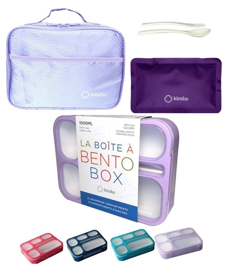 Bento Box with Bag and Ice Pack Set for Kids Lunch Boxes Snack Containers for Boys Girls Adults 6 Compartments Leakproof Portion Container Boxes Insulated Bags for School Lunches BPA Free Lilac