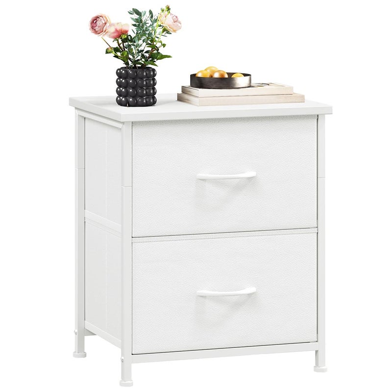 Somdot White Nightstand Small Dresser for Bedroom with 2 Drawers Bedside Table Night Stand End Table with Fabric Bins for Bedroom Kids Closet Dorm Guest Room White Leather