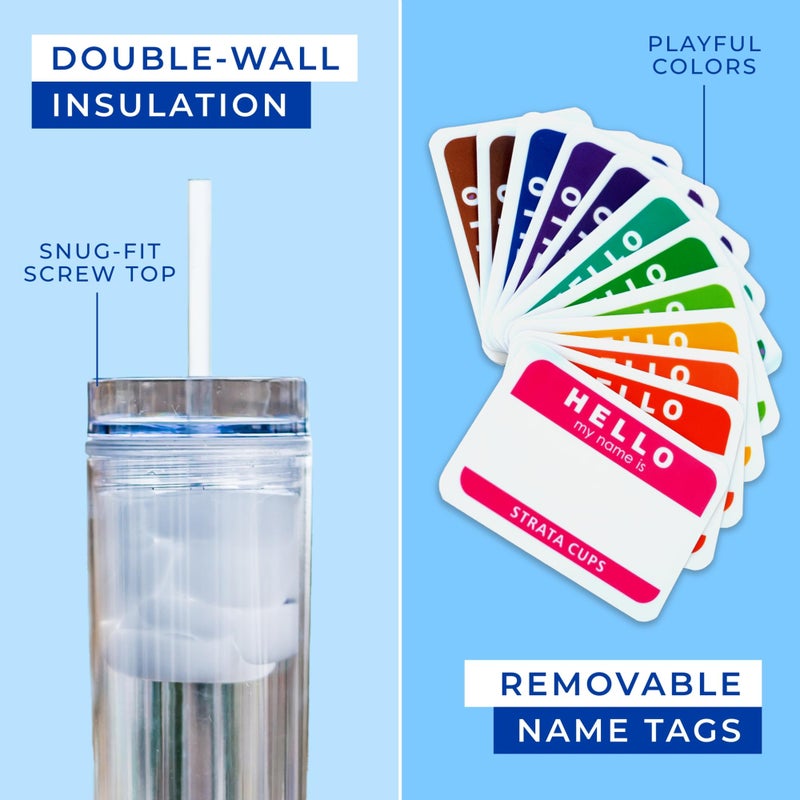 STRATA CUPS 12 Clear Skinny Tumblers with Lids and Straws | 16oz Reusable Cup Double-Wall Clear Tumbler with Lid and Straw, Durable Acrylic Tumblers With FREE Straw Cleaner & Name Tags - Image 2