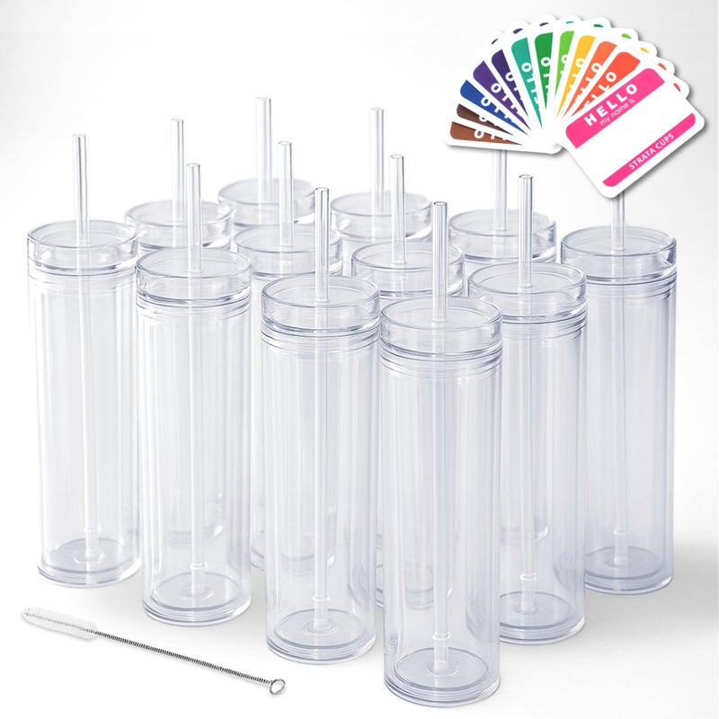 STRATA CUPS 12 Clear Skinny Tumblers with Lids and Straws | 16oz Reusable Cup Double-Wall Clear Tumbler with Lid and Straw, Durable Acrylic Tumblers With FREE Straw Cleaner & Name Tags - Image 1